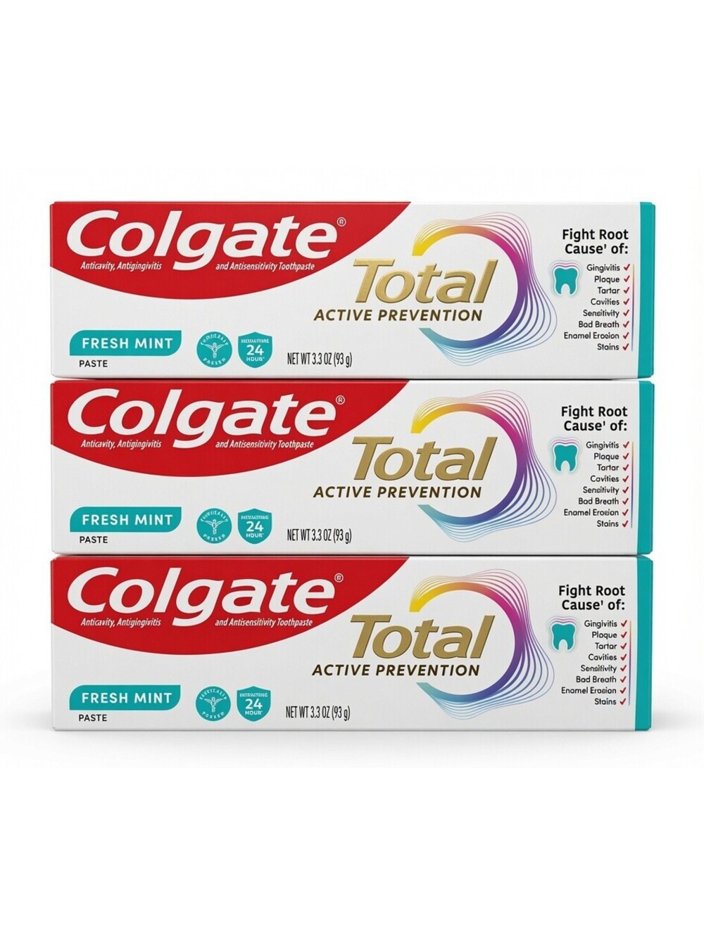 Lot of 3 Colgate Total Active Prevention Toothpaste 3.3oz Fresh Mint New